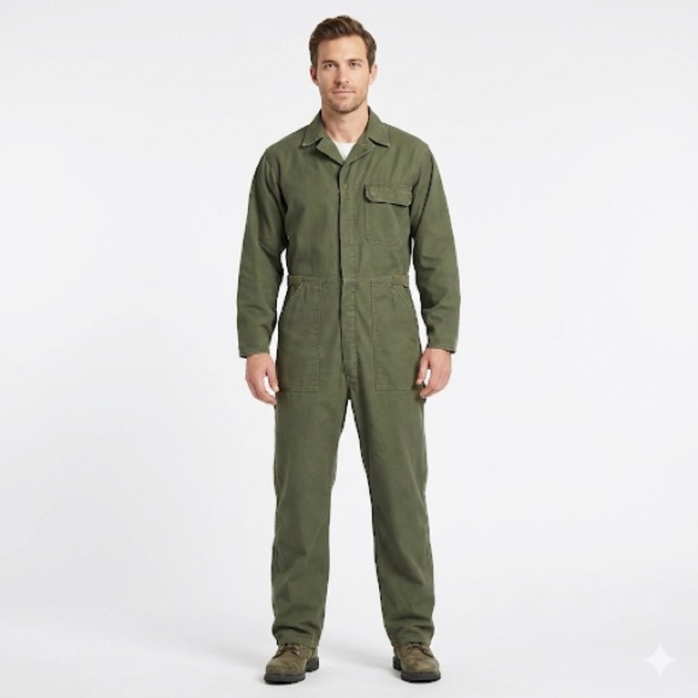 Military Utility Coveralls Cotton Sateen Olive Green Large